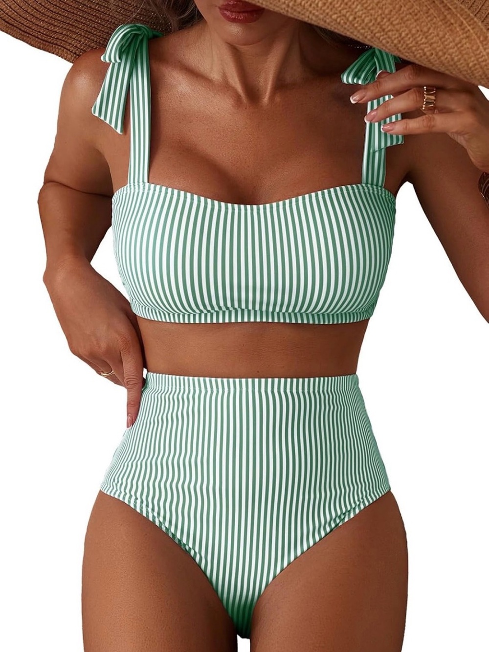 Green High-Waist Bikini with Tie Shoulder Straps